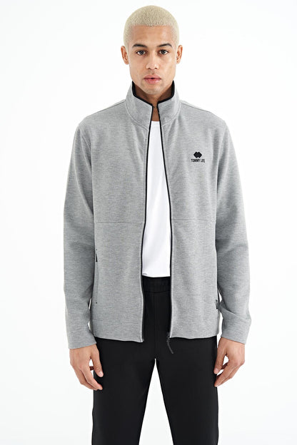 Grey Melange - Black Logo Embroidered Stand-Up Collar Zippered Hidden Pocket Detailed Men's Tracksuit Set - 85201