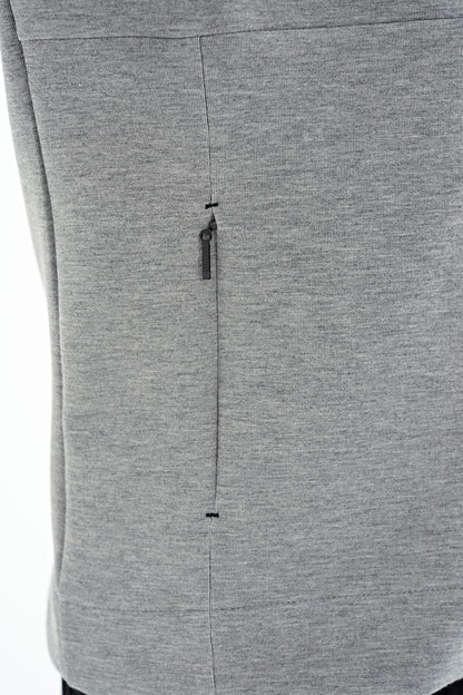 Grey Melange - Black Logo Embroidered Stand-Up Collar Zippered Hidden Pocket Detailed Men's Tracksuit Set - 85201