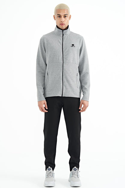 Grey Melange - Black Logo Embroidered Stand-Up Collar Zippered Hidden Pocket Detailed Men's Tracksuit Set - 85201
