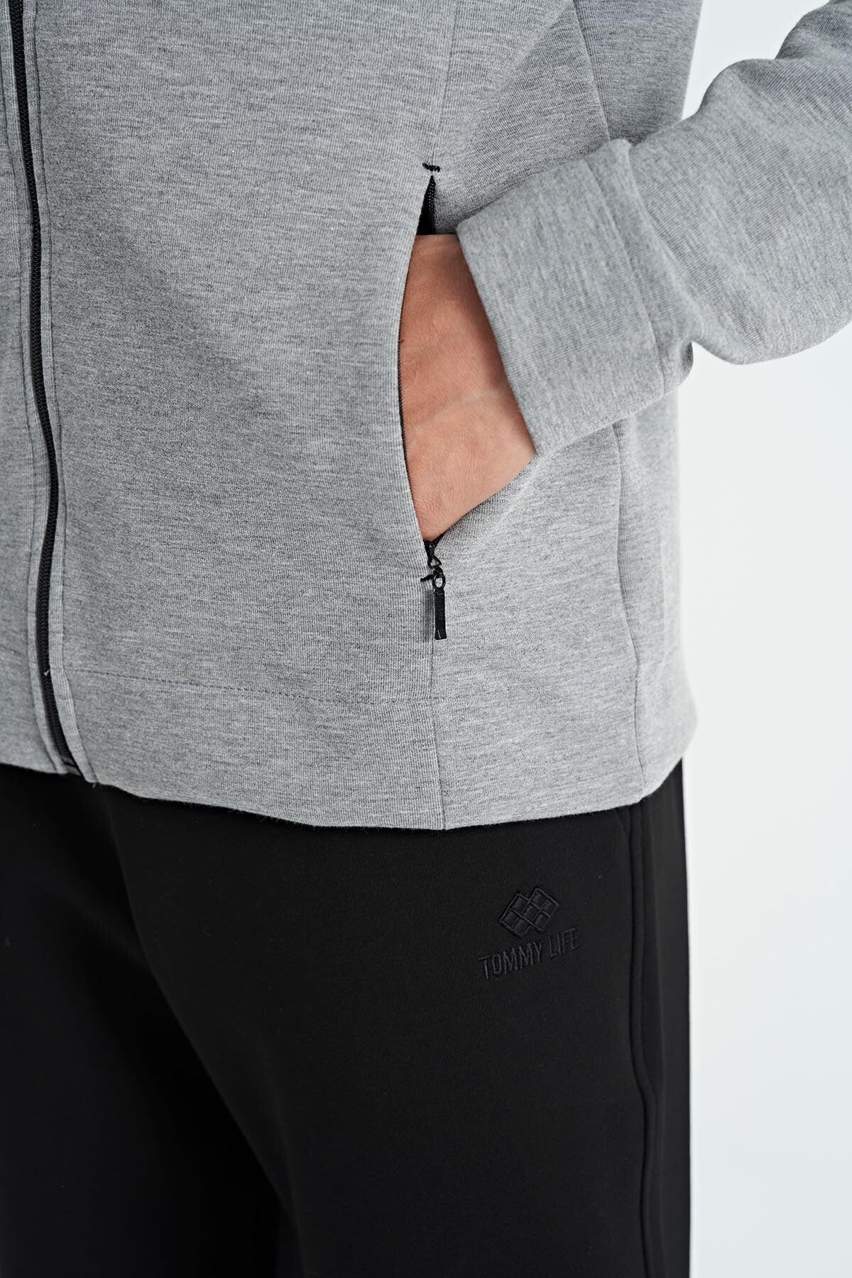 Grey Melange - Black Logo Embroidered Stand-Up Collar Zippered Hidden Pocket Detailed Men's Tracksuit Set - 85201