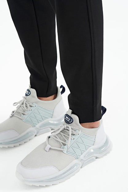 Grey Melange - Black Logo Embroidered Stand-Up Collar Zippered Hidden Pocket Detailed Men's Tracksuit Set - 85201