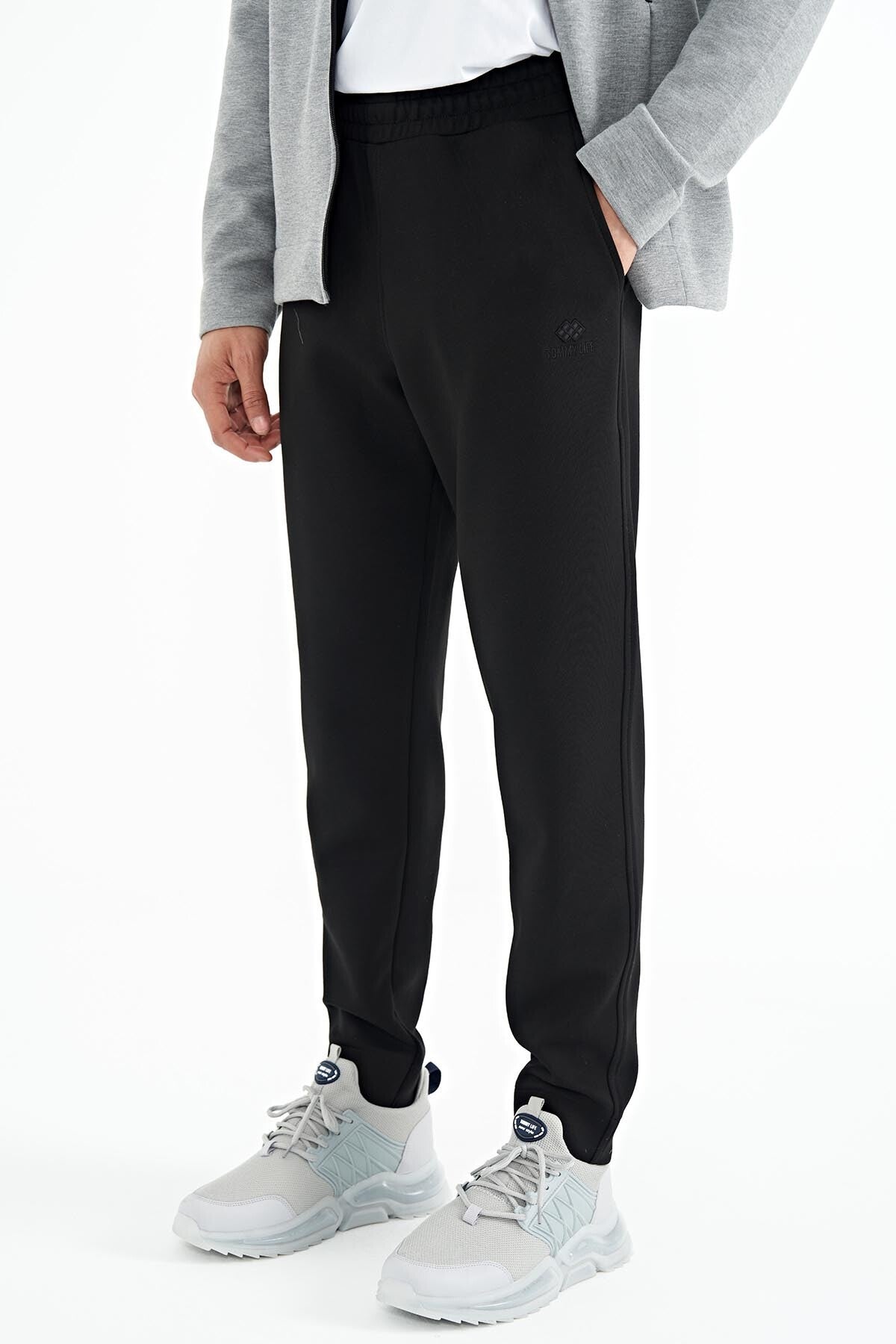 Grey Melange - Black Logo Embroidered Stand-Up Collar Zippered Hidden Pocket Detailed Men's Tracksuit Set - 85201