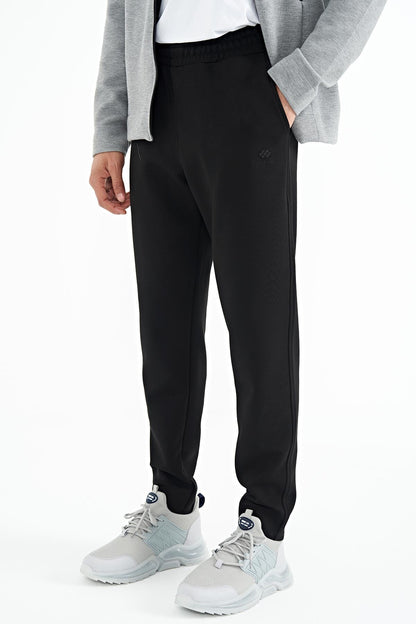 Grey Melange - Black Logo Embroidered Stand-Up Collar Zippered Hidden Pocket Detailed Men's Tracksuit Set - 85201