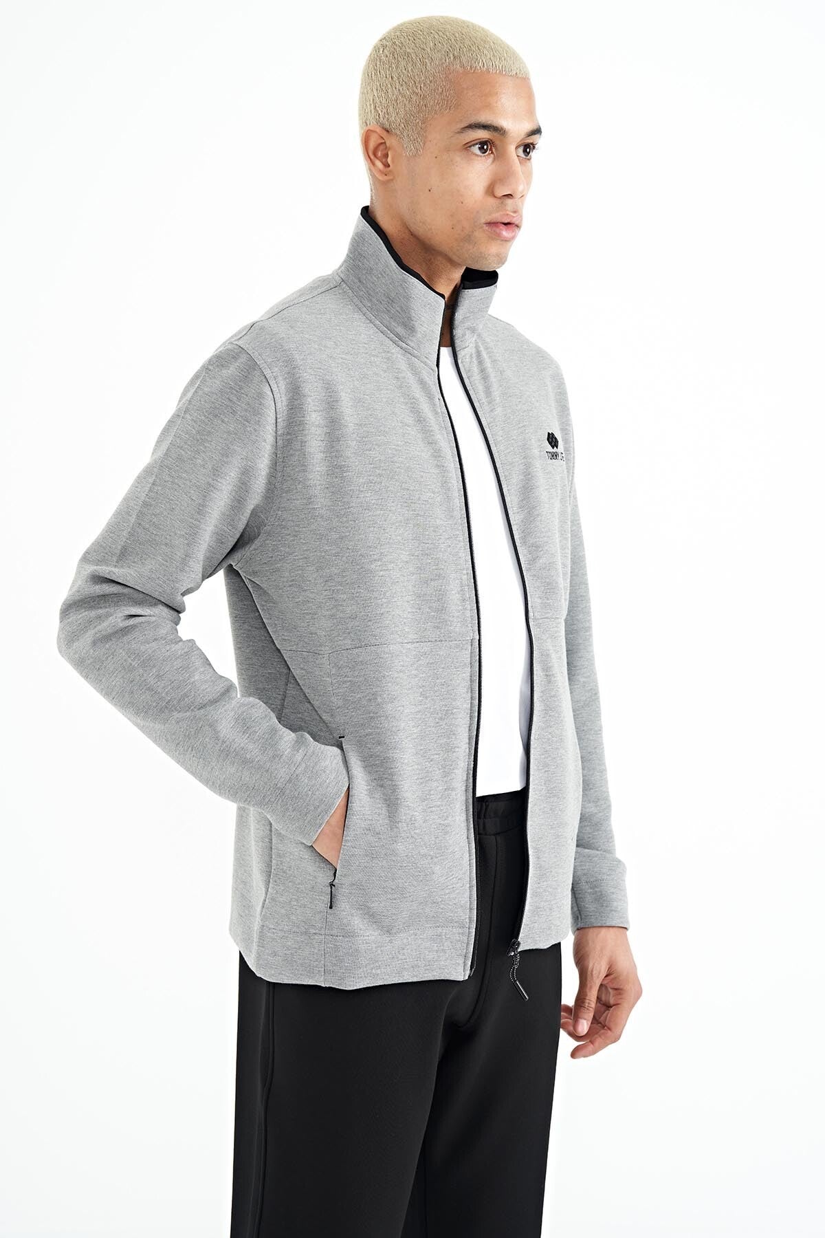 Grey Melange - Black Logo Embroidered Stand-Up Collar Zippered Hidden Pocket Detailed Men's Tracksuit Set - 85201