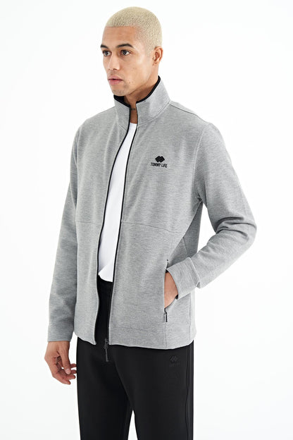 Grey Melange - Black Logo Embroidered Stand-Up Collar Zippered Hidden Pocket Detailed Men's Tracksuit Set - 85201