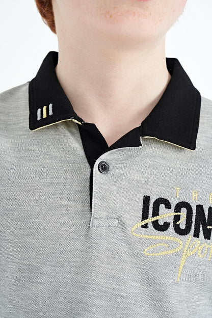 Grey Melange Collar Chest Embroidered Detailed Standard Fit Polo Collar Boys T-Shirt - 11139