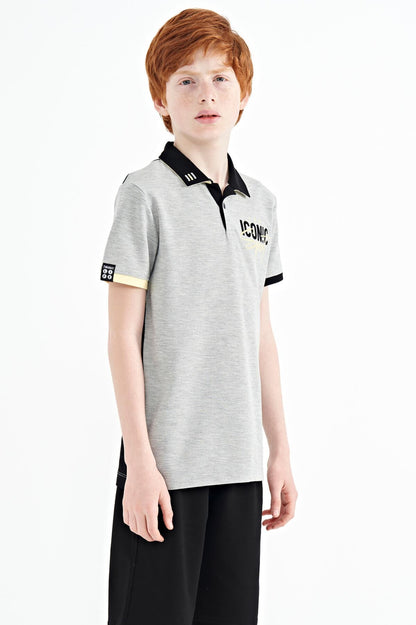 Grey Melange Collar Chest Embroidered Detailed Standard Fit Polo Collar Boys T-Shirt - 11139