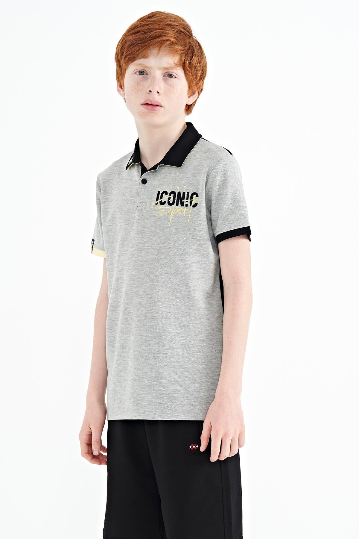Grey Melange Collar Chest Embroidered Detailed Standard Fit Polo Collar Boys T-Shirt - 11139