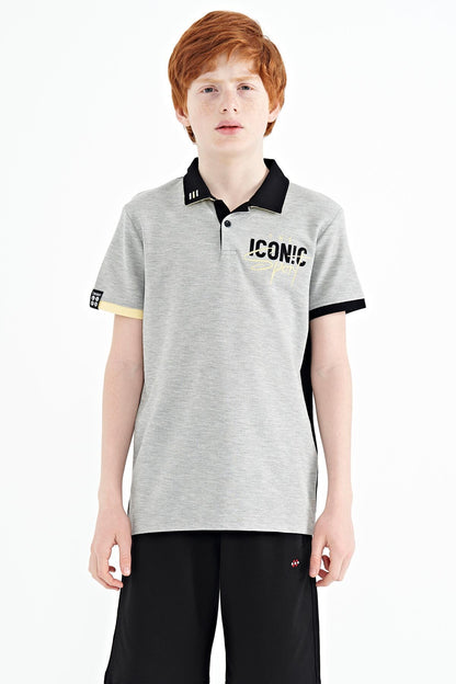 Grey Melange Collar Chest Embroidered Detailed Standard Fit Polo Collar Boys T-Shirt - 11139