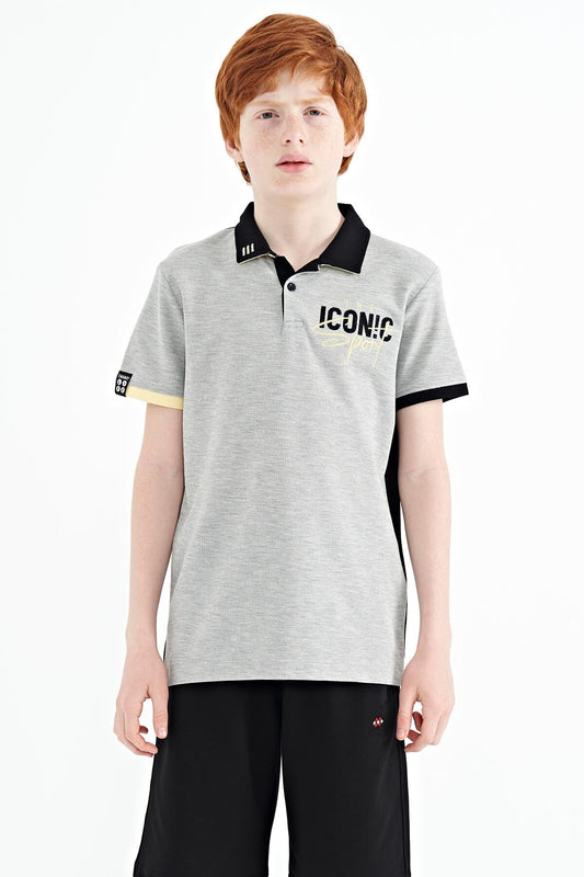 Grey Melange Collar Chest Embroidered Detailed Standard Fit Polo Collar Boys T-Shirt - 11139