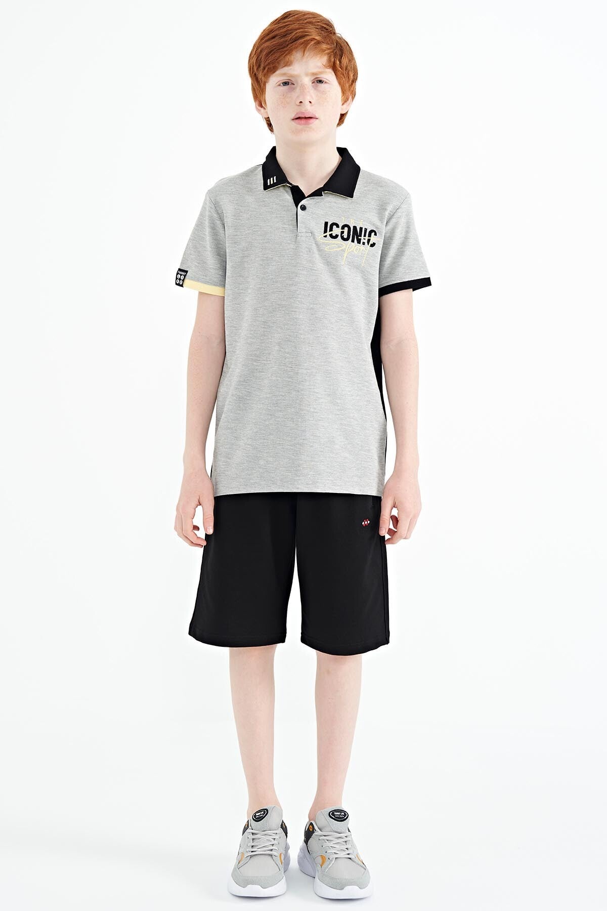 Grey Melange Collar Chest Embroidered Detailed Standard Fit Polo Collar Boys T-Shirt - 11139