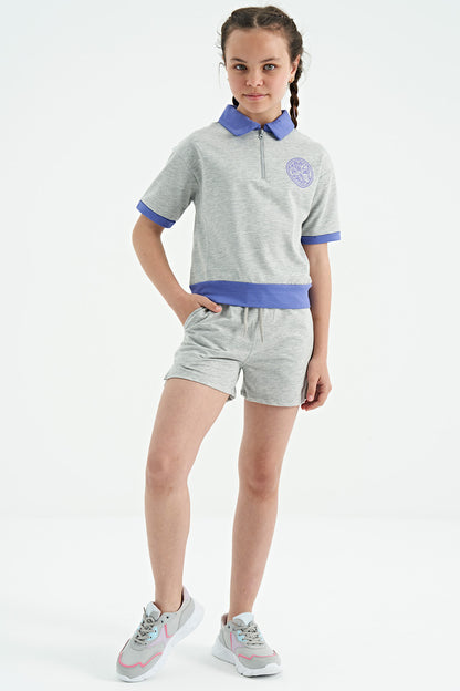 Grey Melange Yoke Collar Short Sleeve Comfort Fit Girls Shorts Set - 75131