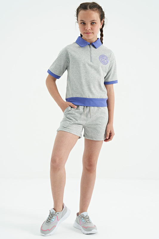 Grey Melange Yoke Collar Short Sleeve Comfort Fit Girls Shorts Set - 75131