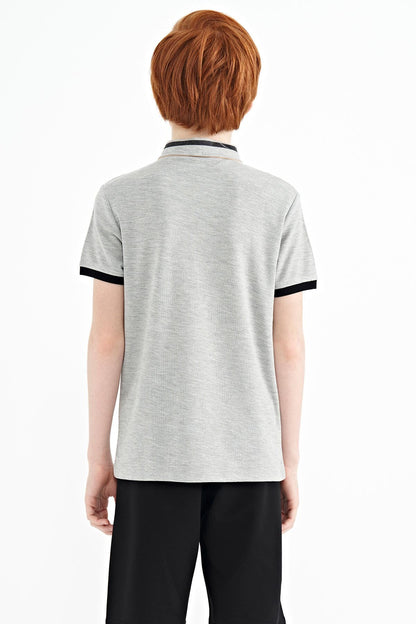 Grey Melange Collar Color Block Print Detailed Standard Cut Boys T-Shirt - 11111