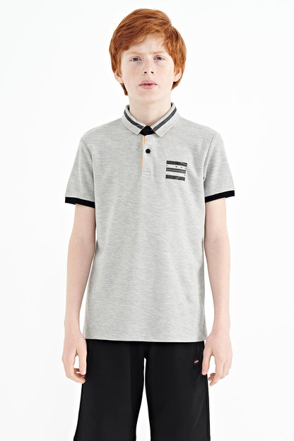 Grey Melange Collar Color Block Print Detailed Standard Cut Boys T-Shirt - 11111