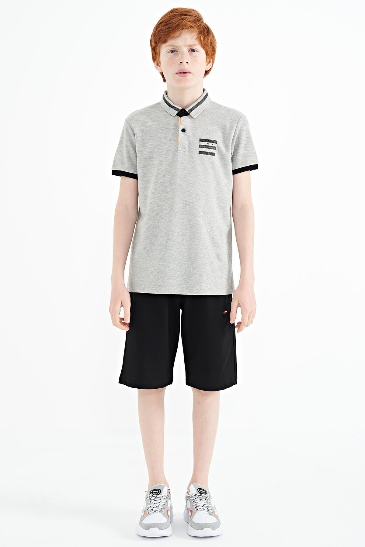 Grey Melange Collar Color Block Print Detailed Standard Cut Boys T-Shirt - 11111