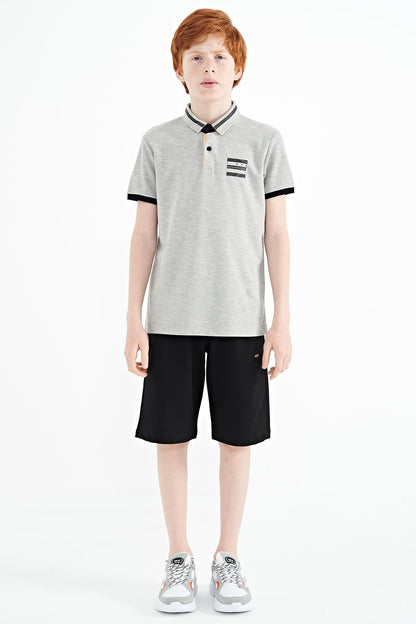 Grey Melange Collar Color Block Print Detailed Standard Cut Boys T-Shirt - 11111