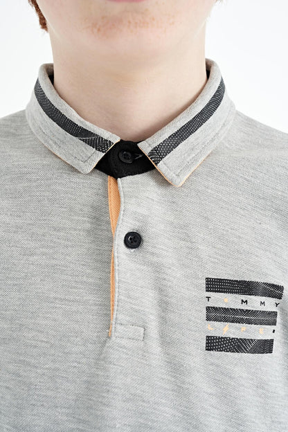 Grey Melange Collar Color Block Print Detailed Standard Cut Boys T-Shirt - 11111