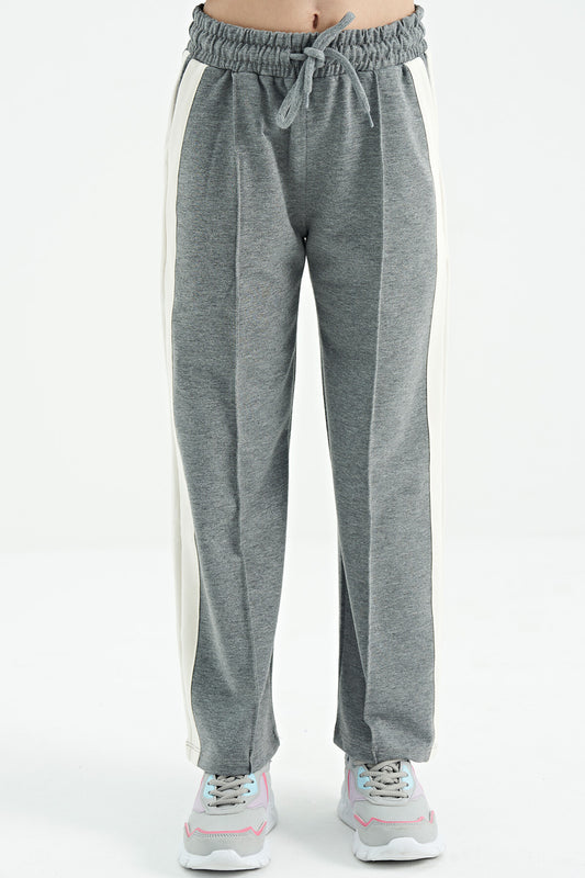 Gray Melange Ribbed Detailed Laced Relaxed Fit Wide Leg Girls' Tracksuit Bottom - 75119