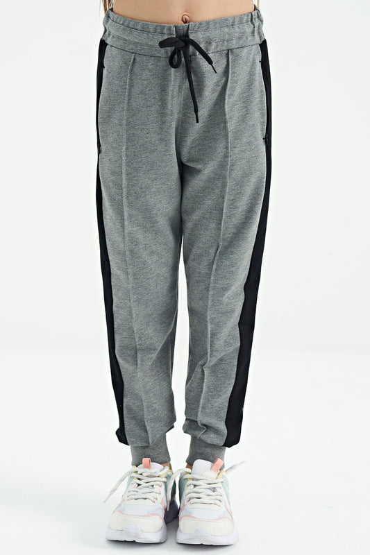 Grey Melange Waistband Hidden Zip Pocket Detailed Jogger Girls Tracksuit Bottom - 75122