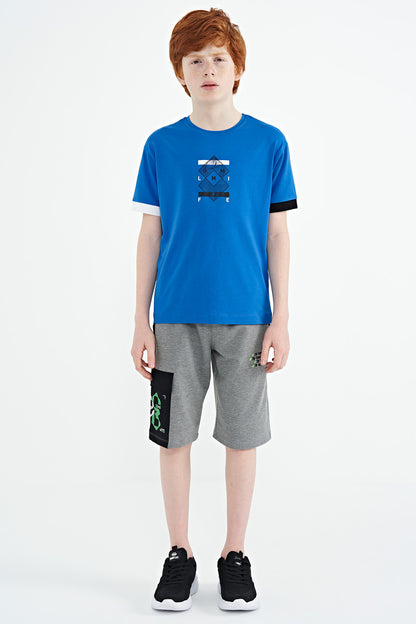 Grey Melange Plain Detailed Embroidered Standard Fit Boys Shorts - 11142