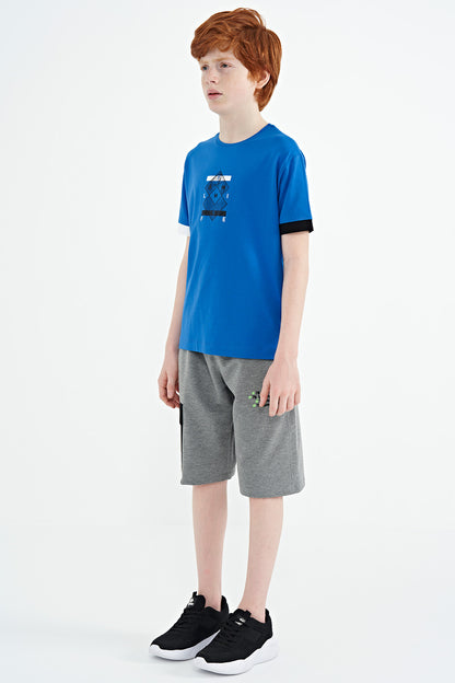 Grey Melange Plain Detailed Embroidered Standard Fit Boys Shorts - 11142