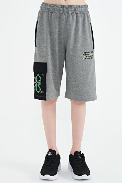 Grey Melange Plain Detailed Embroidered Standard Fit Boys Shorts - 11142