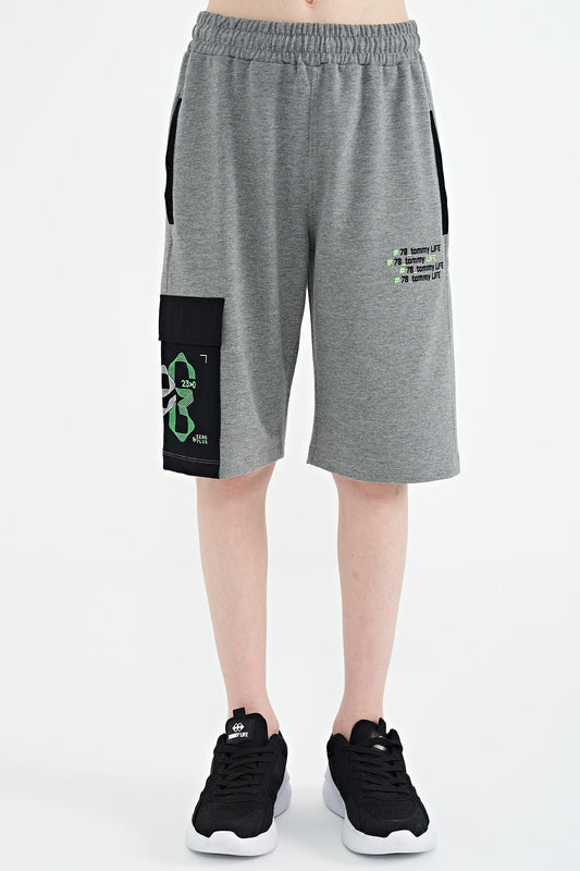 Grey Melange Plain Detailed Embroidered Standard Fit Boys Shorts - 11142