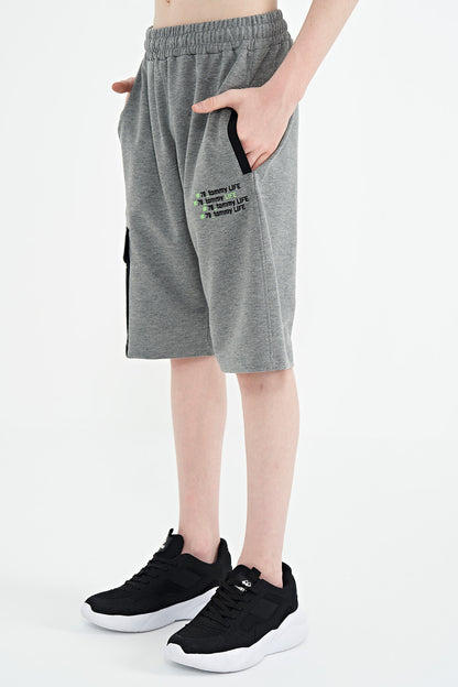Grey Melange Plain Detailed Embroidered Standard Fit Boys Shorts - 11142