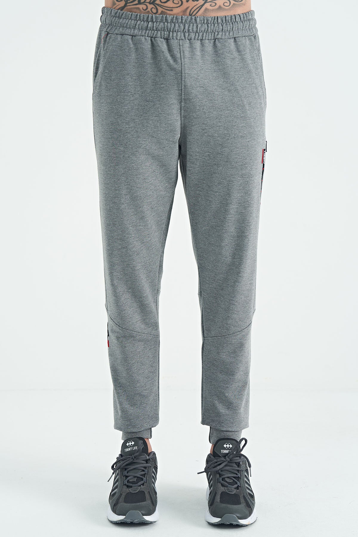Grey Melange Embroidered Detailed Standard Fit Men's Jogger Tracksuit Bottom - 84960