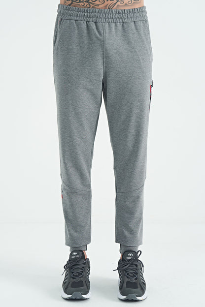 Grey Melange Embroidered Detailed Standard Fit Men's Jogger Tracksuit Bottom - 84960