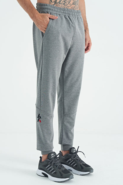 Grey Melange Embroidered Detailed Standard Fit Men's Jogger Tracksuit Bottom - 84960