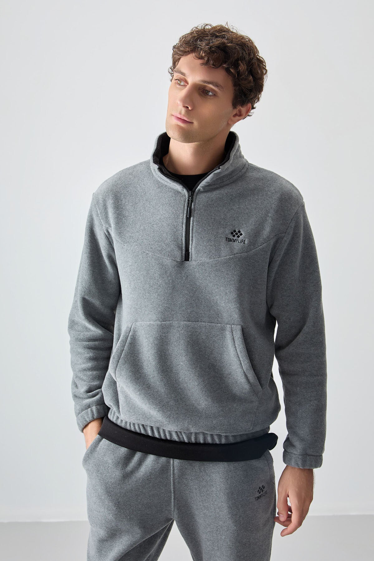 Grey Melange Half Zipper High Collar Elastic Cuff Polar Men's Tracksuit Set - 85159