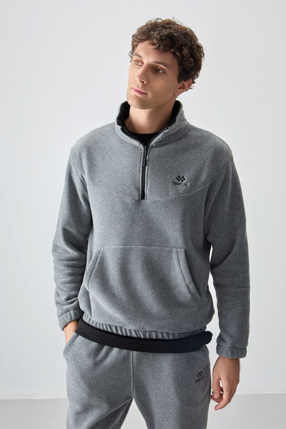 Grey Melange Half Zipper High Collar Elastic Cuff Polar Men's Tracksuit Set - 85159