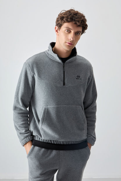 Grey Melange Half Zipper High Collar Elastic Cuff Polar Men's Tracksuit Set - 85159
