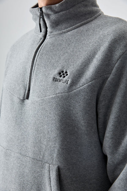 Grey Melange Half Zipper High Collar Elastic Cuff Polar Men's Tracksuit Set - 85159