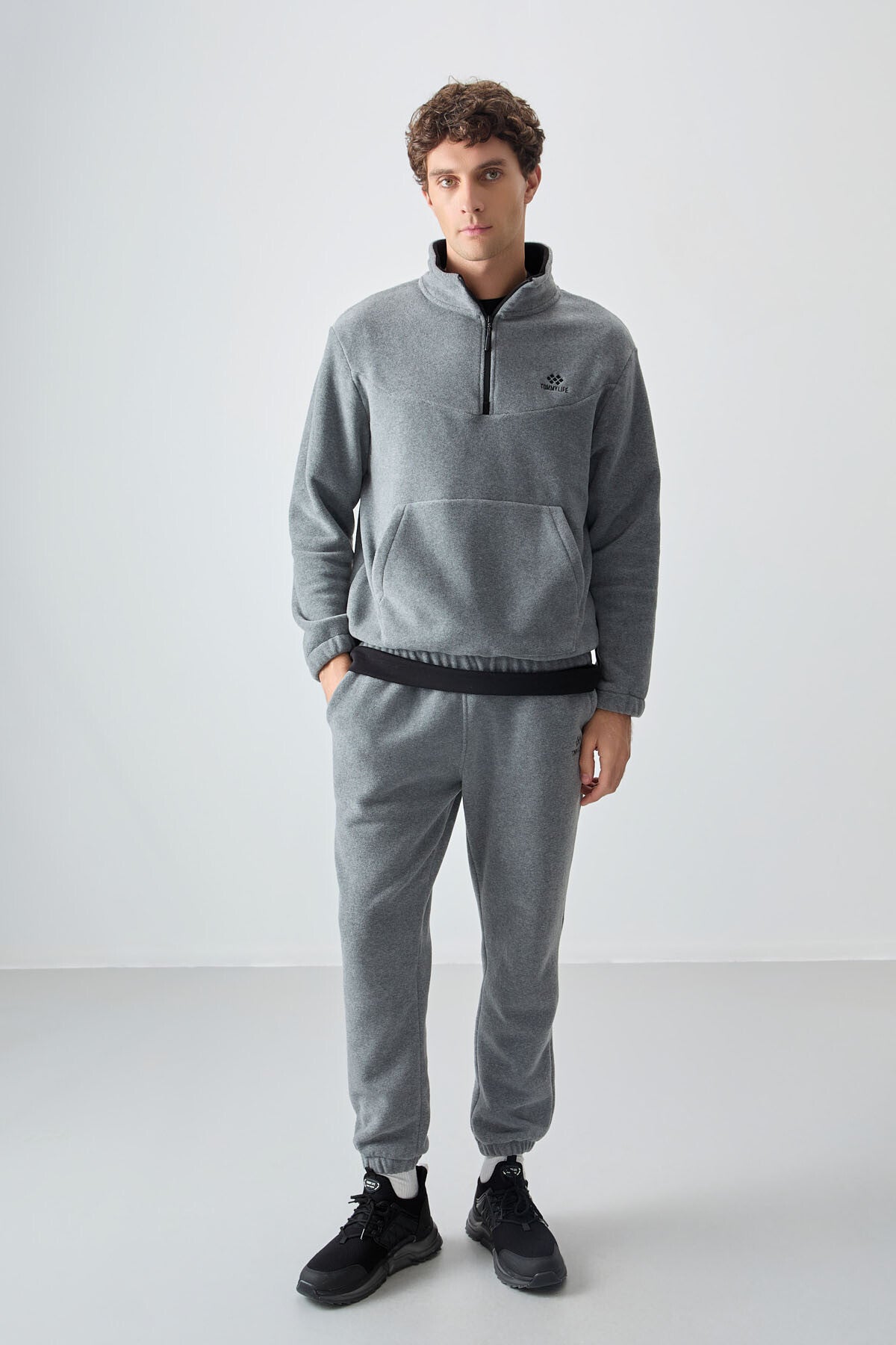 Grey Melange Half Zipper High Collar Elastic Cuff Polar Men's Tracksuit Set - 85159
