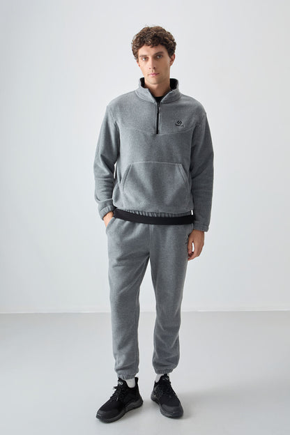 Grey Melange Half Zipper High Collar Elastic Cuff Polar Men's Tracksuit Set - 85159