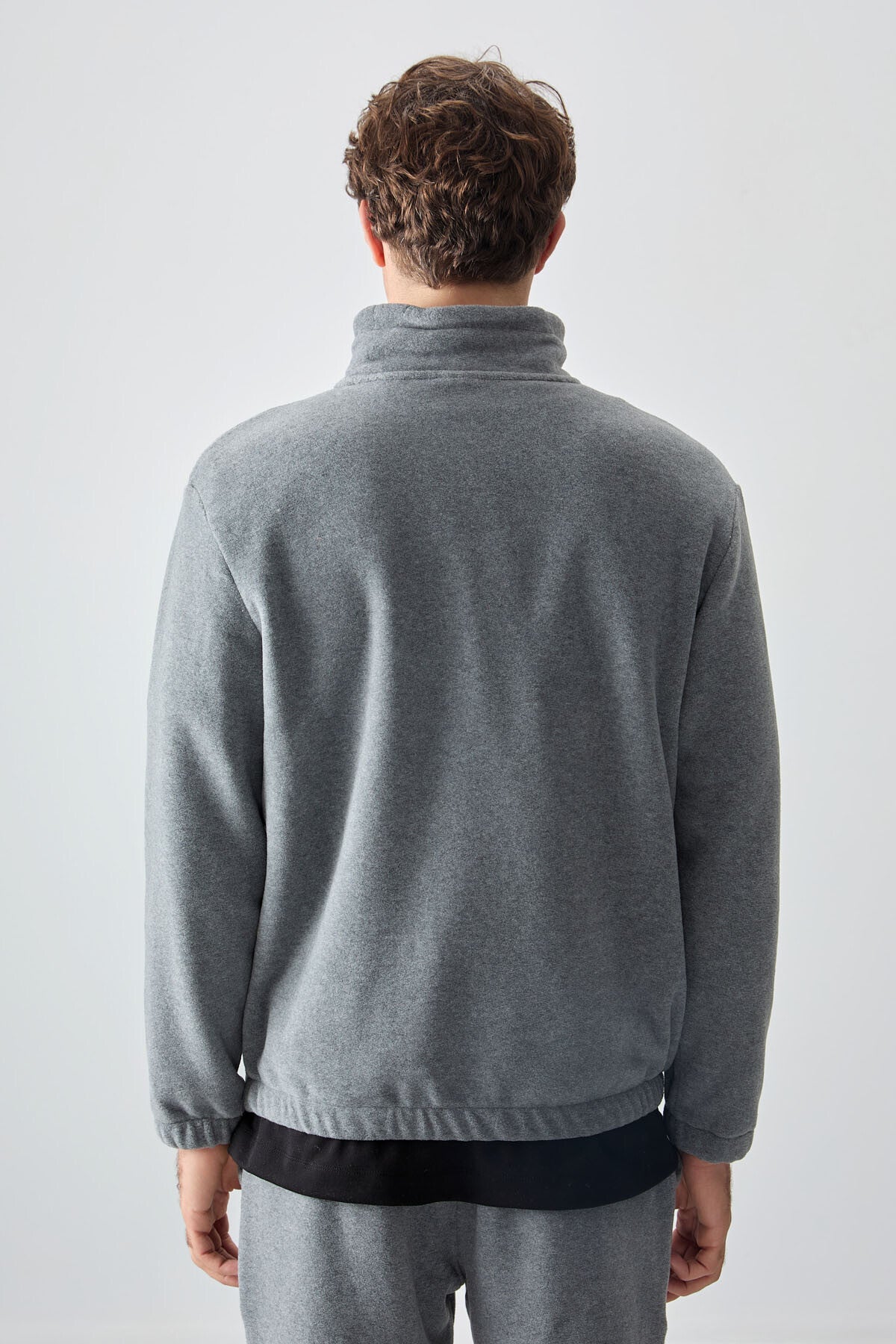 Grey Melange Half Zipper High Collar Elastic Cuff Polar Men's Tracksuit Set - 85159