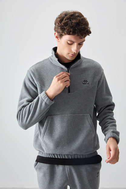 Grey Melange Half Zipper High Collar Elastic Cuff Polar Men's Tracksuit Set - 85159