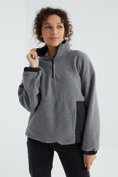 Gray Melange Half-Zip Skirt with Gathered Hem High Collar Oversize Women's Fleece Sweatshirt - 97236