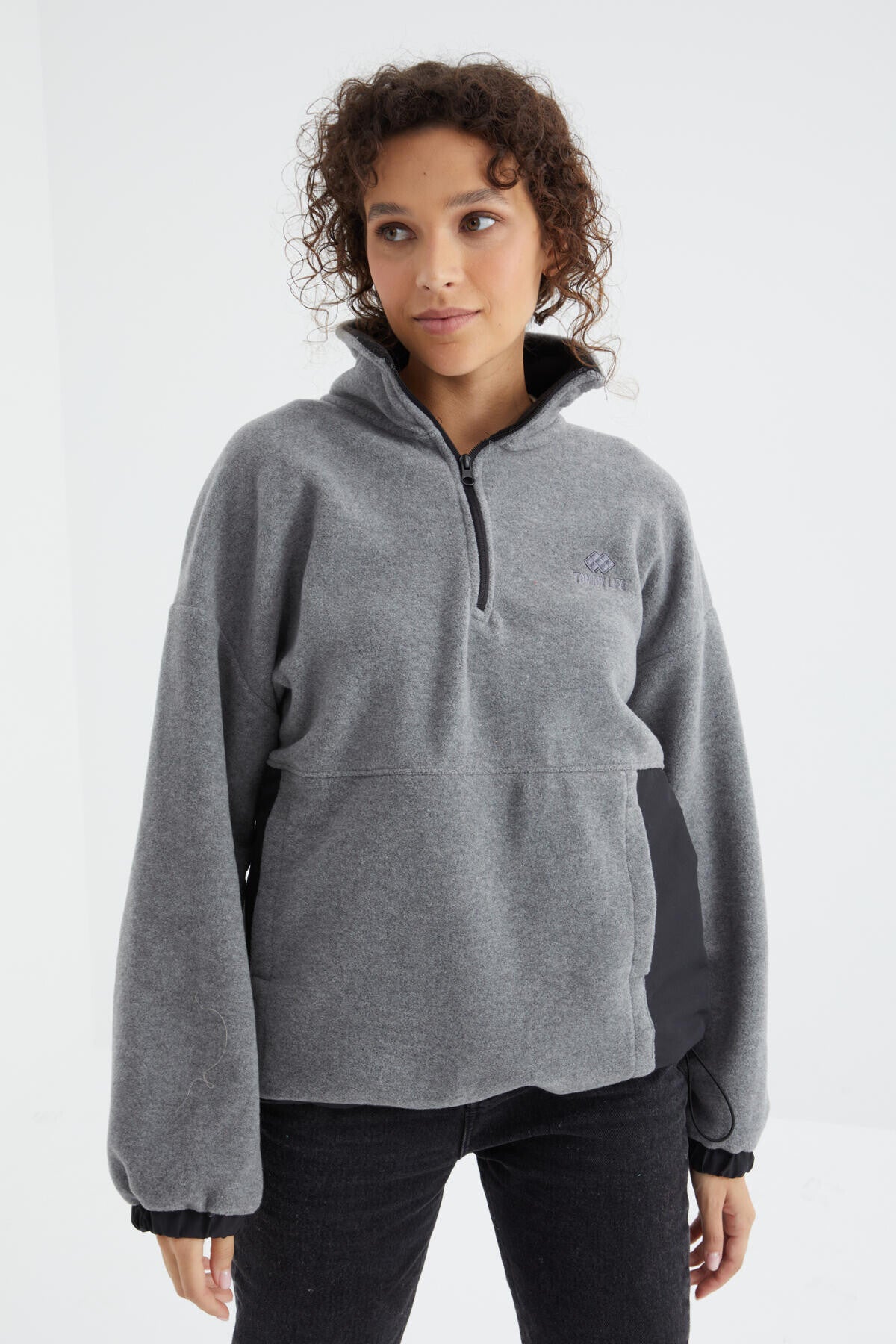Gray Melange Half-Zip Skirt with Gathered Hem High Collar Oversize Women's Fleece Sweatshirt - 97236