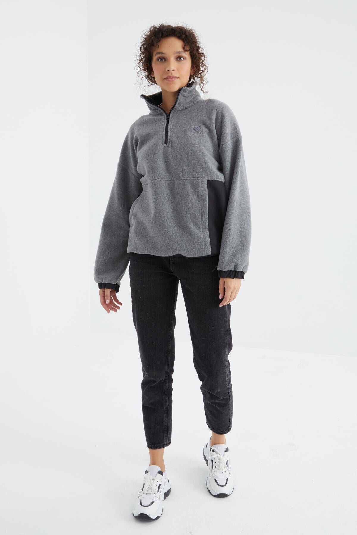 Gray Melange Half-Zip Skirt with Gathered Hem High Collar Oversize Women's Fleece Sweatshirt - 97236