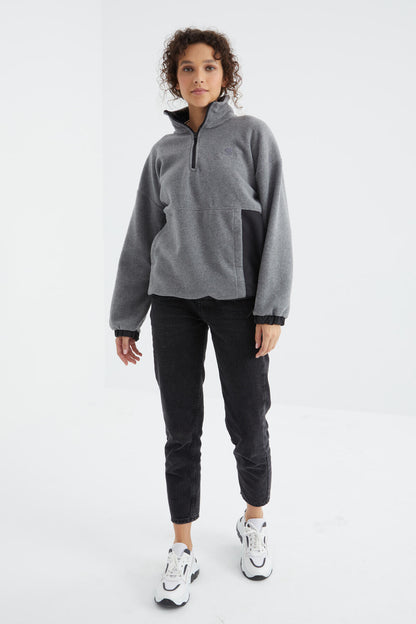Gray Melange Half-Zip Skirt with Gathered Hem High Collar Oversize Women's Fleece Sweatshirt - 97236