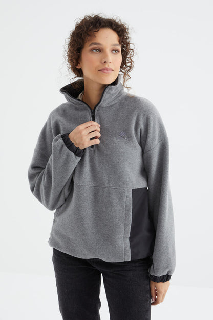 Gray Melange Half-Zip Skirt with Gathered Hem High Collar Oversize Women's Fleece Sweatshirt - 97236
