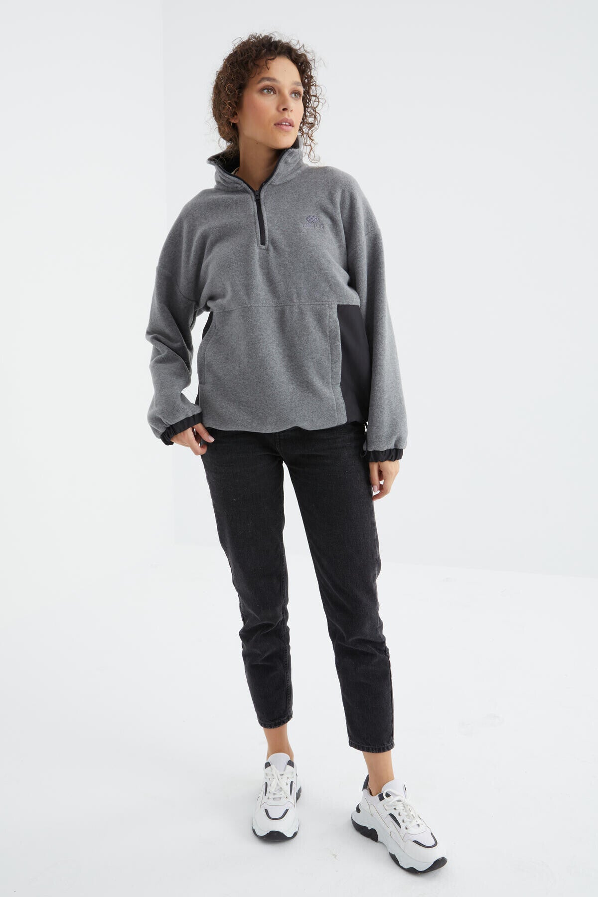 Gray Melange Half-Zip Skirt with Gathered Hem High Collar Oversize Women's Fleece Sweatshirt - 97236