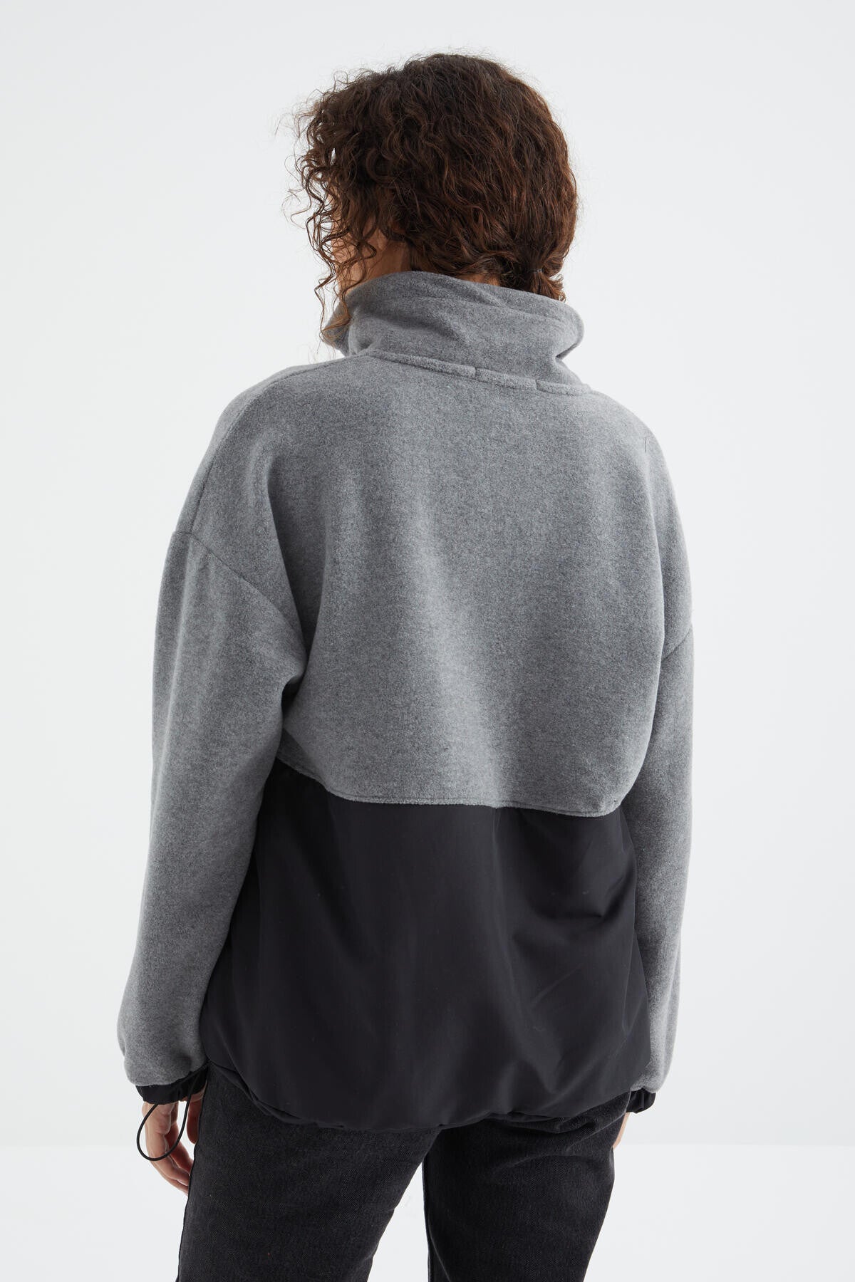Gray Melange Half-Zip Skirt with Gathered Hem High Collar Oversize Women's Fleece Sweatshirt - 97236