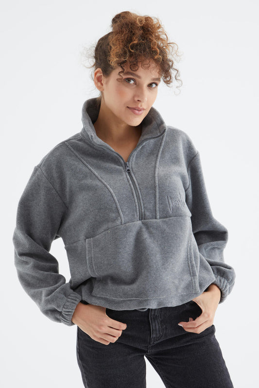 Grey Melange Half Zipper Skirt with Gathered Hem Women's Fleece Oversize Sweatshirt - 97171