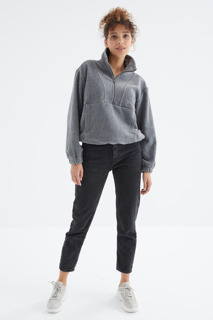 Grey Melange Half Zipper Skirt with Gathered Hem Women's Fleece Oversize Sweatshirt - 97171