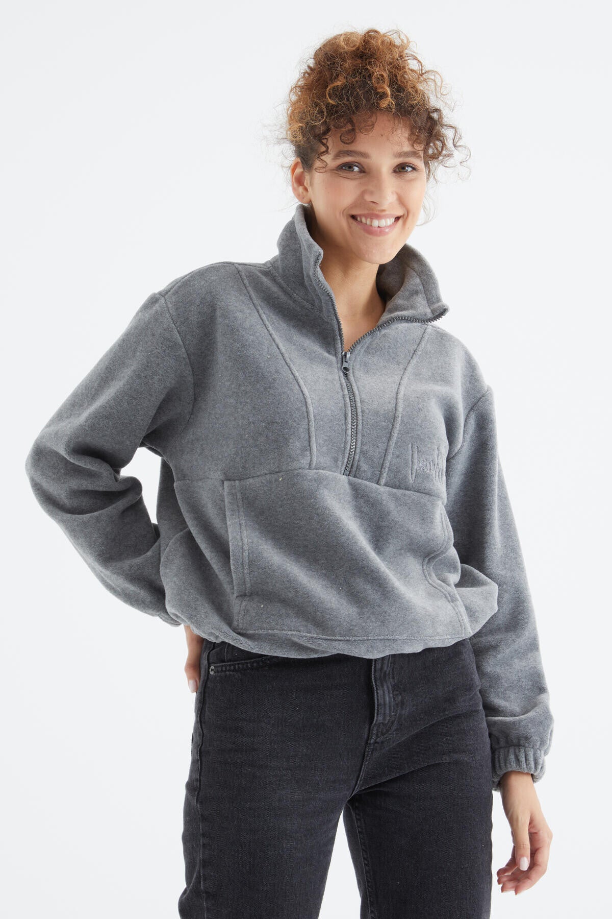 Grey Melange Half Zipper Skirt with Gathered Hem Women's Fleece Oversize Sweatshirt - 97171